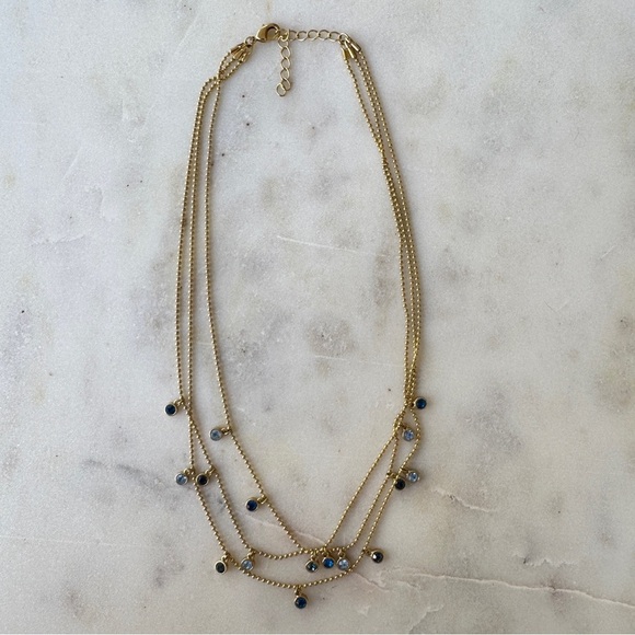 Gold Triple-Layer Beaded Necklace With Blue Crystals - Picture 6 of 6